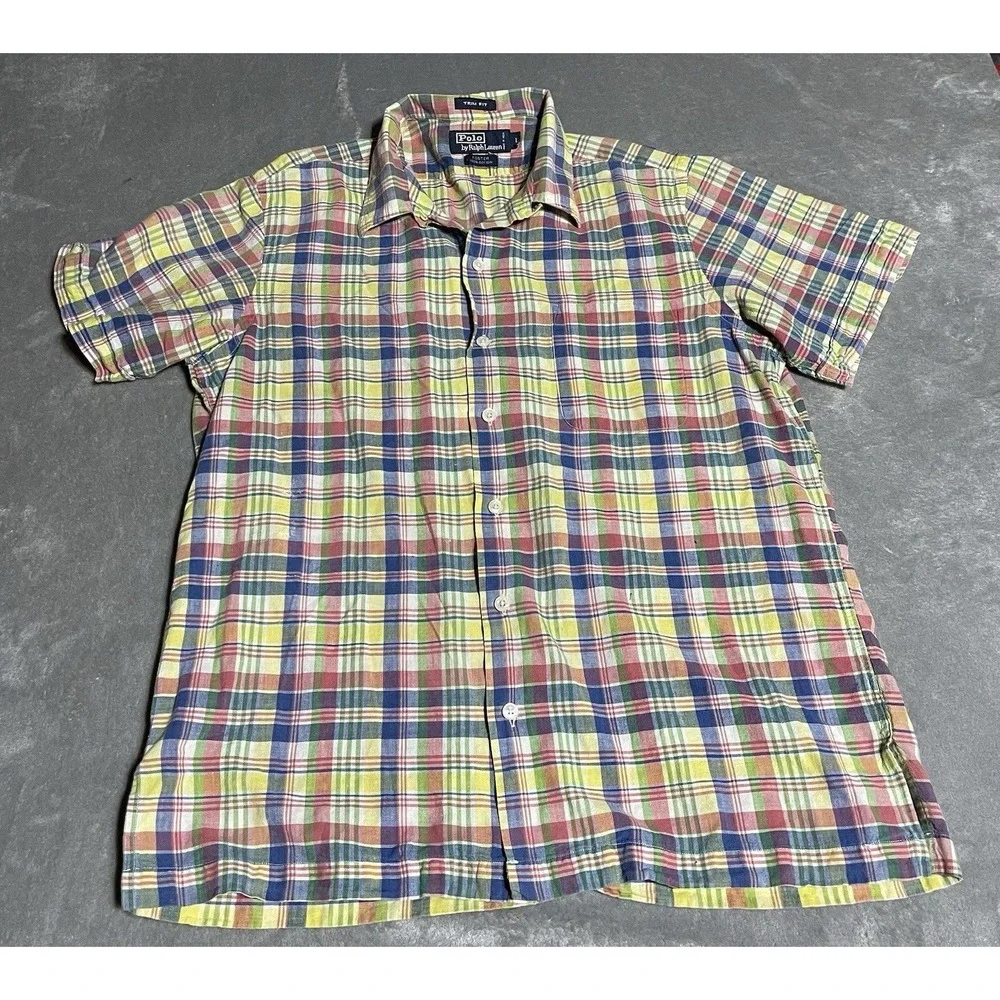 Polo Ralph Lauren Shirt Mens Large Foster Trim Fit Cotton Plaid Loop Collar‎